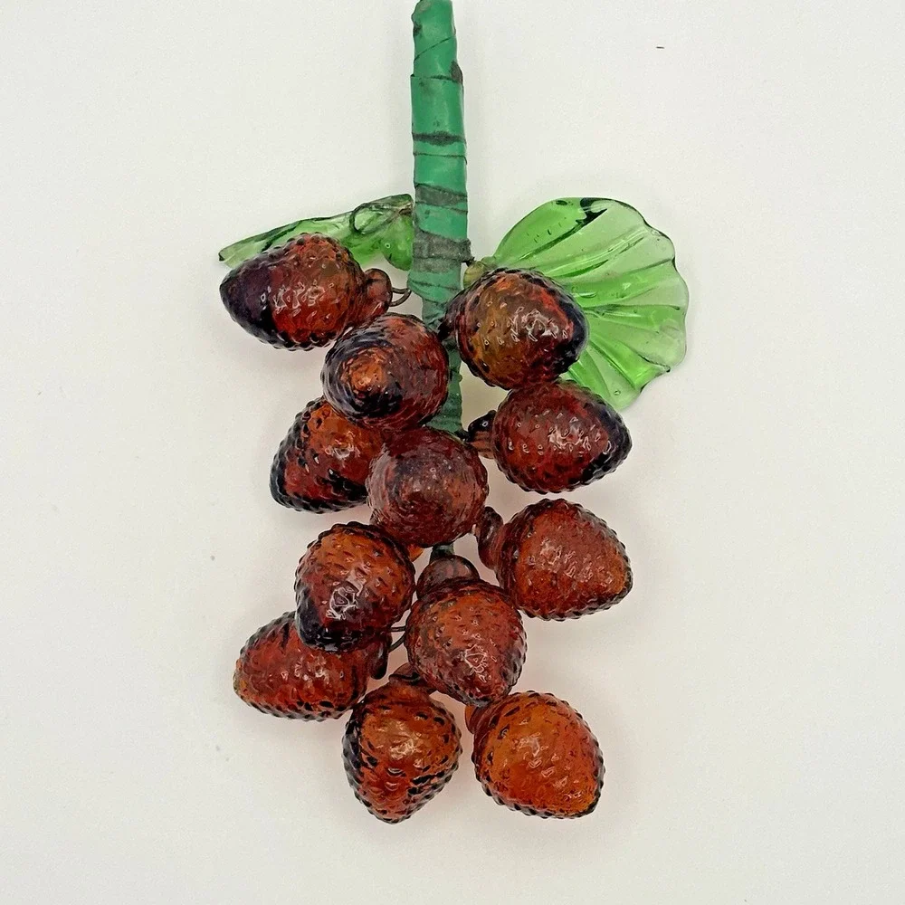 Amber Glass Berry Cluster Ornament Green Leaves Fruit Decor 6 Inch